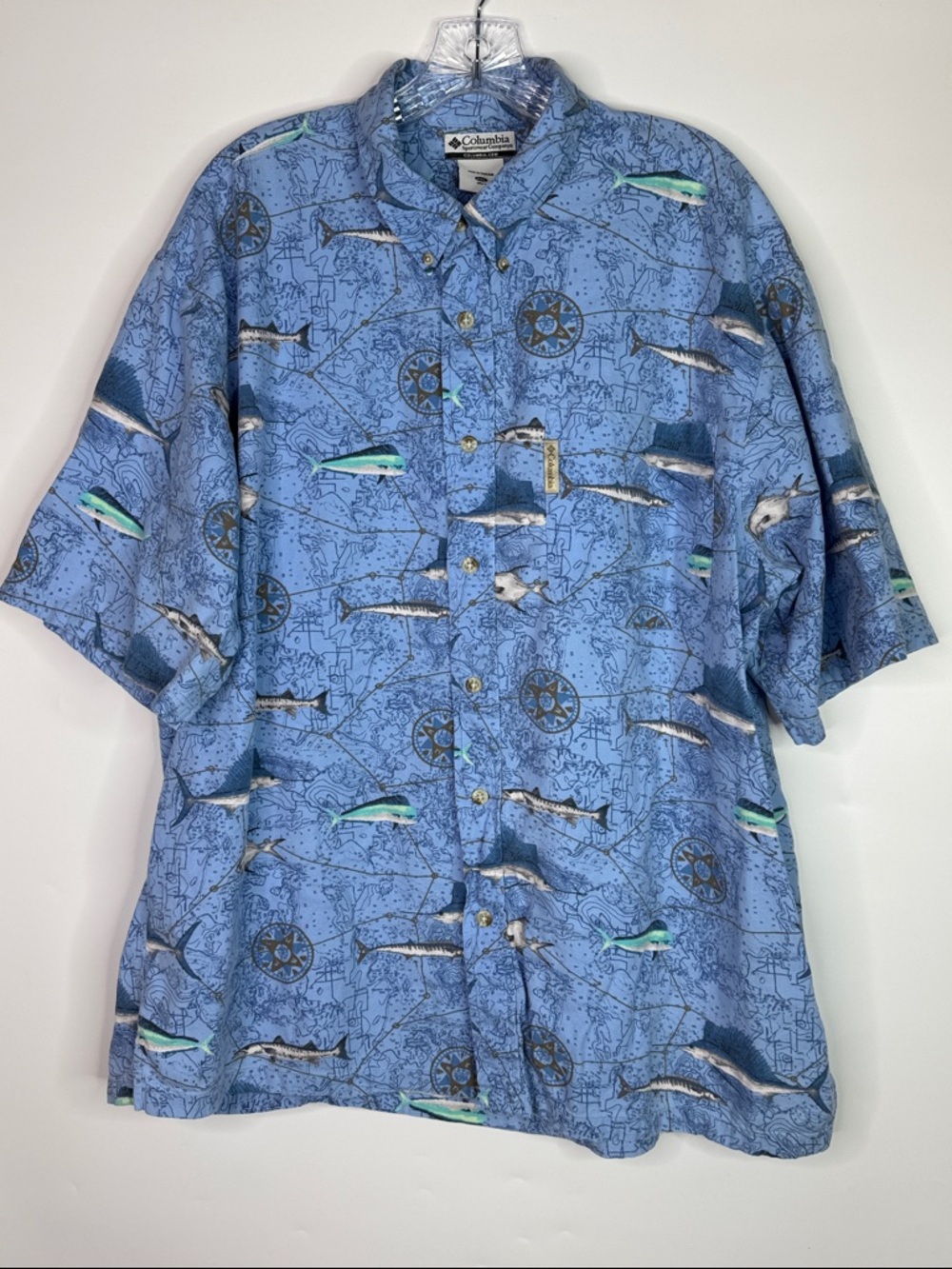 Columbia All Over Nautical Fish Print Short Sleeve Button Up Shirt Size XXL
